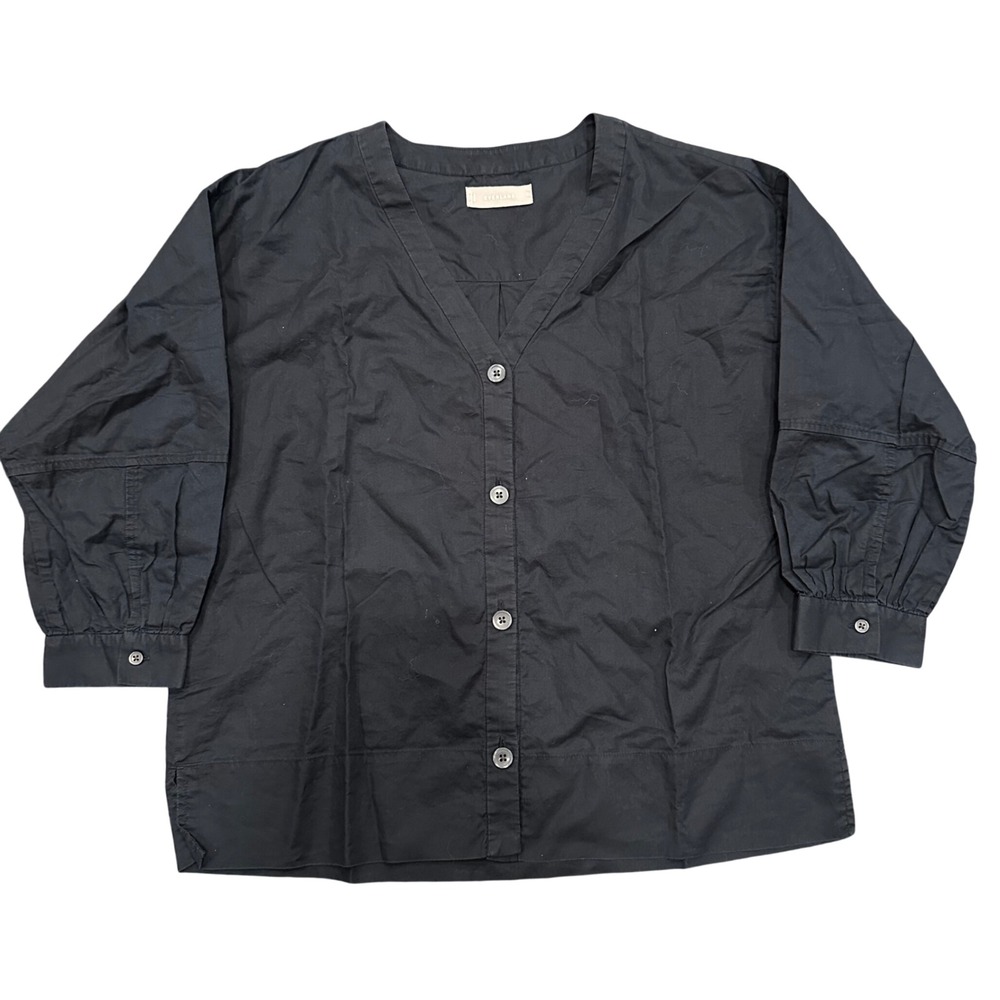Everlane Womens Black Cotton V-Neck Button Down Shirt Size 4 Relaxed Fit Poplin